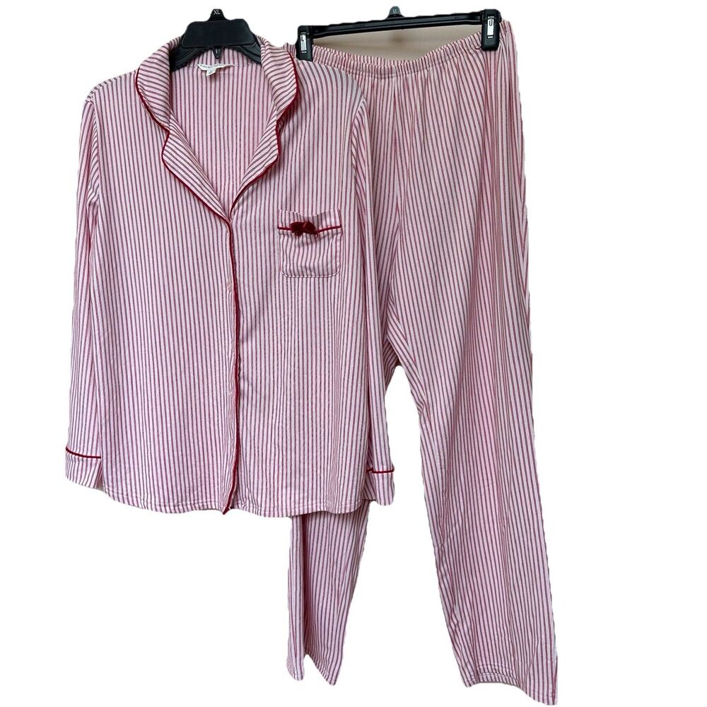 Laura Ashley Pajama Set 2 Pc Women's Lg Long Sleeve & Pant Red White Stripe Bow